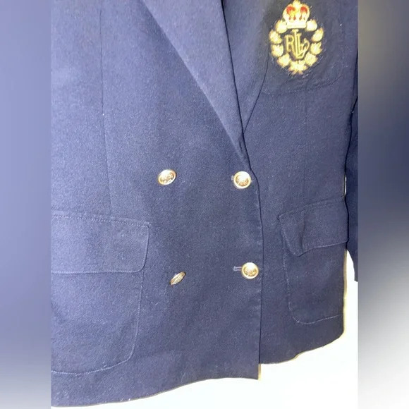 Vtg Lauren Ralph Lauren Double Breasted Crest Logo Wool Blue PreppyBla…